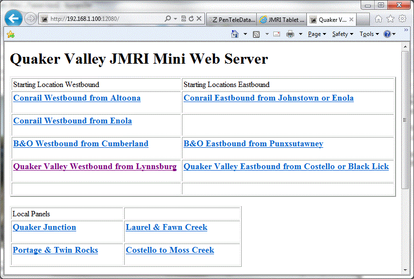 Quaker Valley JMRI web server home page